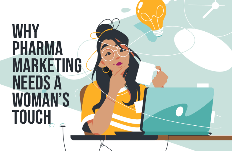 Why pharma marketing needs a woman's touch. Illustration of a woman at her laptop thinking with coffee in hand, and "idea" lightbulb.