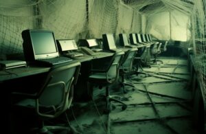 A dark, dismal row of computer desks in what looks like a military tent.