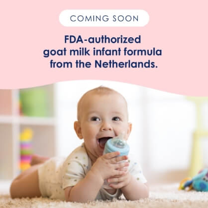 instagram post. Image of baby holding bottle with text, "Coming Soon. FDA-authorized goat milk infant formula from the Netherlands."