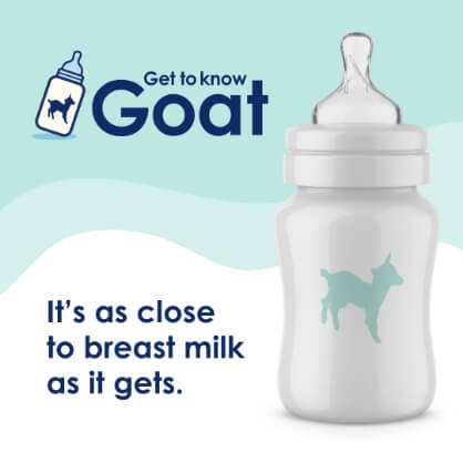 Instagram post. Image of bottle with baby goat, Get to know goat logo, and text, "It's as close to breast milk as it gets."