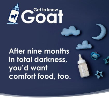 Instagram post. Moon and stars with baby bottle, Get to know goat logo, and text, "After nine months in total darkness, you'd want comfort food, too."