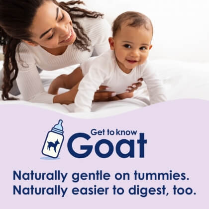 instagram post. Image of mother with baby, Get to know goat logo, and text, "Naturally gentle on tummies. Naturally easier to digest, too."