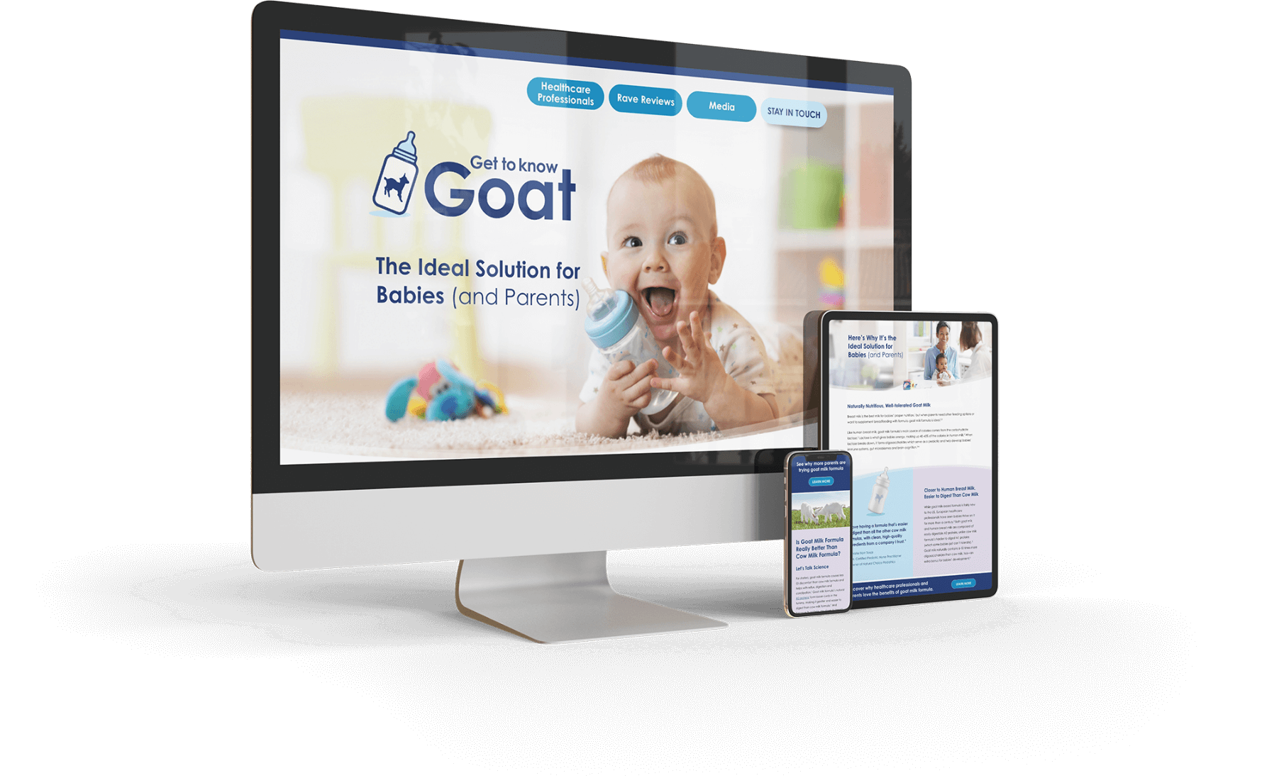Get To Know Goat website displayed on desktop, tablet, and phone