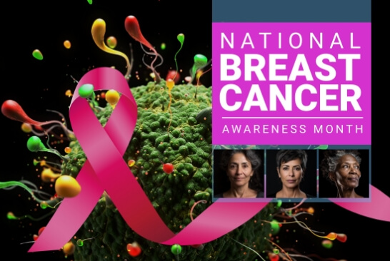 Cancer cell image, pink ribbon, and images of women with text: National breast cancer awareness month