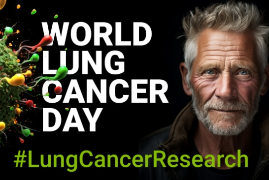 Image of cancer cell and man with text World Lung Cancer Day