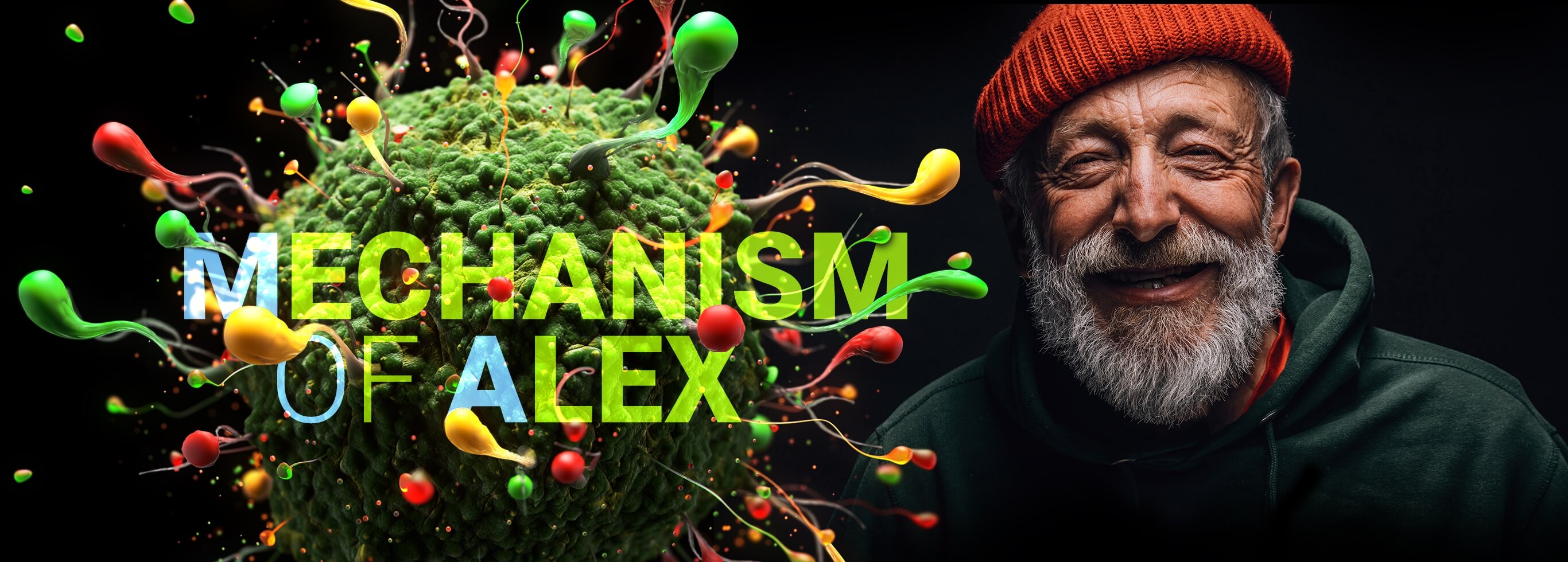3D graphic of cancer cell beside photo of a bearded man in hoodie and knit cap. Text overlay: Mechanism of Alex.