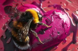 a bumblebee sits on a purple heart-shaped cake