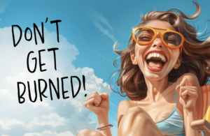 a woman in orange glasses laughs with her eyes closed. She clenches her fists while lying on a deck chair. next to it is the inscription "don't get burned!"