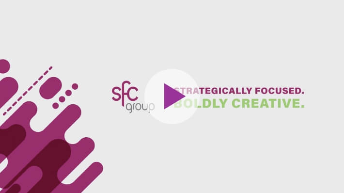SFC logo and slogan "strategically focused. boldly creative." with a play icon over it