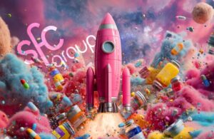 A fantastical image shows a pink rocket launching from a sea of colorful, pill-shaped clouds. The rocket is surrounded by floating vials and pharmaceutical capsules. The SFC Group logo is in the top left corner.