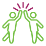 An icon showing two stylized figures in a high five position, with their bodies outlined in light green and magenta lines radiating from their hands.