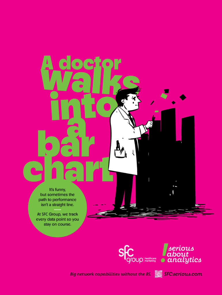 A cartoon doctor in a lab coat holding a clipboard, examining a collapsing black bar chart with falling pieces, next to large lime green text "A doctor walks into a bar chart" on a solid pink background. Speech bubble explains tracking data performance, with SFC Group logo and tagline "Serious about analytics".