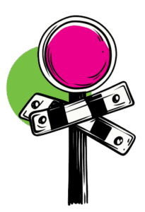 Railroad crossing warning sign illustration with bright pink circular signal light above black-and-white striped crossing gates in X formation on a post, set against black background with green circle accent.
