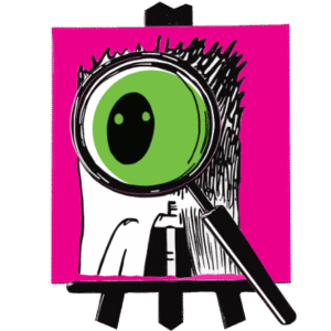 Large green eye with black pupil mounted on a pink square, held by a white-gloved hand on an easel, examined through a magnifying glass.