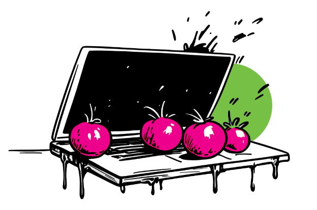 Illustration of a laptop with four pink apples on the keyboard and juice dripping off the edges, set against a green circle background.