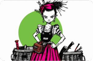Illustrated punk-style woman with spiked pink-streaked hair, wearing a black 'SFC' apron over a pink skirt, standing between wooden barrels with tools, against a green circle background.