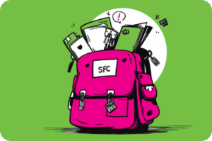 Illustration of a pink backpack labeled "SFC" overflowing with books, folders, and papers on a green rectangle background.
