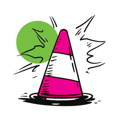 Black and white pen-and-ink illustration of a pink and white striped traffic cone with motion lines around it, set against a green circle background