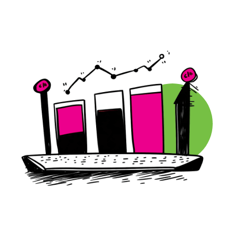 Black and white pen-and-ink illustration of a bar chart with pink and black bars, a zigzag trend line above, and an upward arrow, set against a green circle background