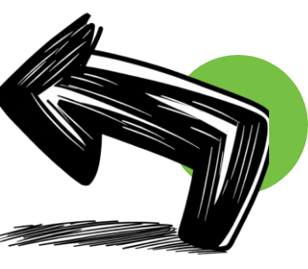 Black and white pen-and-ink illustration of a bent arrow curving from bottom to point left, set against a green circle background
