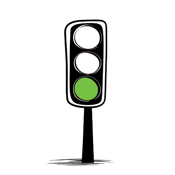 Black and white illustration of a traffic light with the bottom light illuminated green